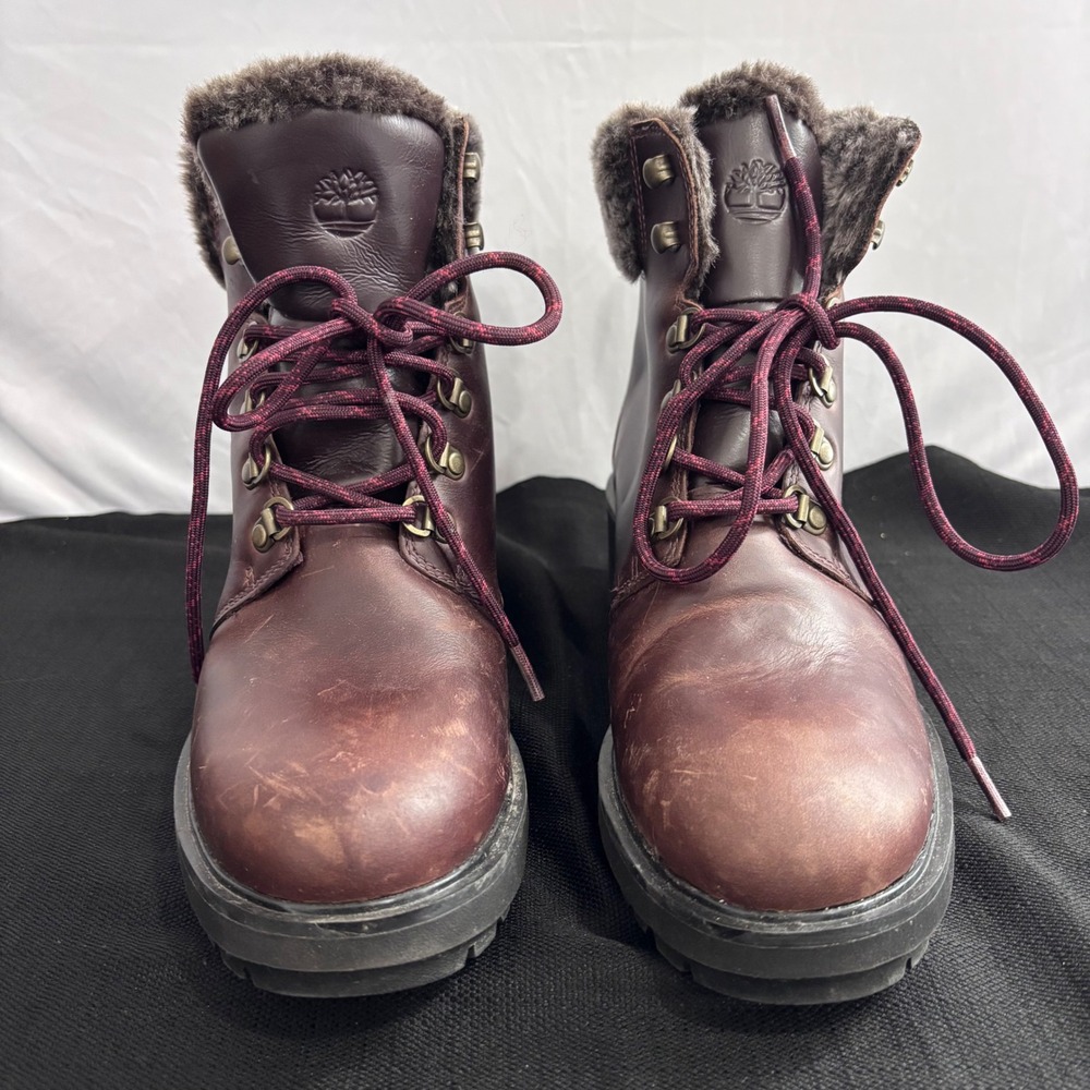 Timberland Kinsley 6 Inch Waterproof Burgundy Leather Faux Fur Boots Women 9.5 - Picture 2 of 11
